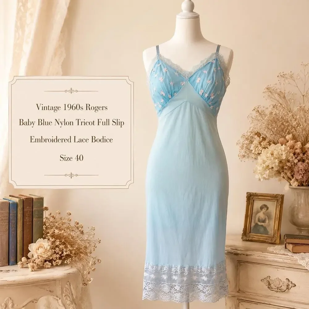 Vintage 1960s Rogers Baby Blue Nylon Tricot Full Slip Embroidered Lace Bodice 40